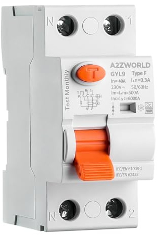Interrupteur Différentiel Type F 40A 300mA 1P+N 6kA, 2 Modules DIN, Sélectif 0,3A, Protection Onduleur, Pompe à Chaleur