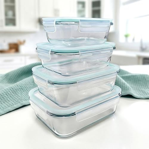 Visario Frischhaltedosen Glas 4er Set – 370, 640, 1050 & 1520 ml Vorratsdosen | Borosilikatglas | Luftdicht & Auslaufsicher | BPA-frei | Meal Prep | Mikrowelle, Ofen, Gefrierschrank & Spülmaschine