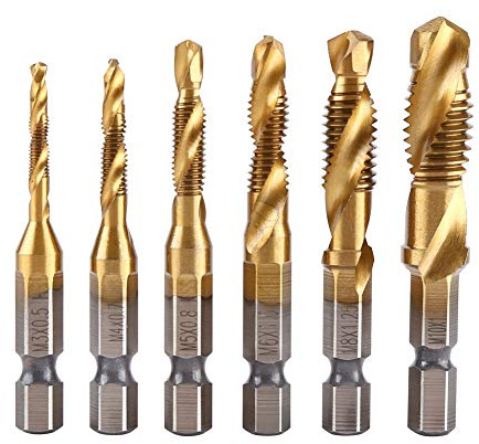 Nikou Gewindebohrer - 6Pcs Gewindebohrer Werkzeug metrisches Gewinde M3-M10 titannitriert HSS Bohrer und Tap Bits 1/4 Sechskantschaft