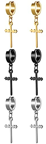 JewelryWe Schmuck 3 Paare Kreuz Ohrringe Creolen Edelstahl LGBT Gay Pride Ohrstecker Kruzifix Ohrhänger Silber Gold Schwarz