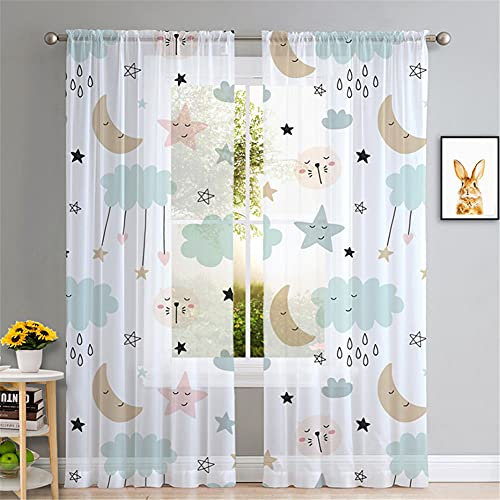 Hiseng Voile Vorhänge Wohnzimemr Transparent Gardinen Vorhang Halbtransparent für Fenster Wohnzimmer Schlafzimmer Moderne und Elegante Transparent Gardine 2er Set (Wolken und Sterne,109x218cm)