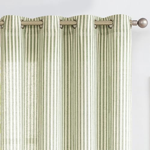 Vangao Vorhänge aus Leinen-Mischgewebe, gestreift, lichtfilternd, Fenstervorhänge, grüne Nadelstreifen, gedruckt auf beigefarbenen Vorhängen, 244 cm lang, für Wohnzimmer, Schlafzimmer, Ösen, 2 Paneele