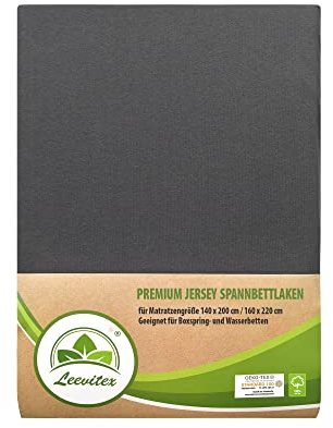 Premium Spannbettlaken, extra schwer und dick, 97% Mako-Jersey-Baumwolle und 3% Elasthan, auch Boxspringbett geeignet, 140 x 200-160 x 220 cm, Anthrazit/Grau