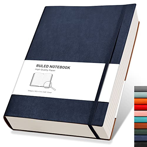 RETTACY A4 Lined Notebook, Leather Softcover Journal, 320 Pages, Blue | Notepad for Men Women, 100 GSM Thick Ruled Paper, for School Office Writing - 21.5 × 27.9 cm