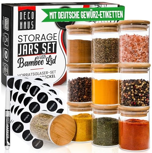 Deco haus® Frascos Almacenamiento Herméticos con Tapas de Bambú - 10 Contenedores para Especias, Hierbas, Sal, Condimentos - 16 Etiquetas Adhesivas, Bolígrafo - Diámetro 6,5cm, Altura 8,5cm, 190ml