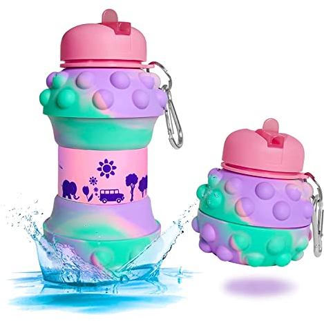 Louis Donné Kinder-Wasserflasche, 500ml Kleinkind-Wasserflasche, zusammenklappbare Silikon-Wasserflasche für Kinder, Wasserkrug im Zappelspielzeug-Stil für Camping, Wandern, Outdoor, Indoor-Sport