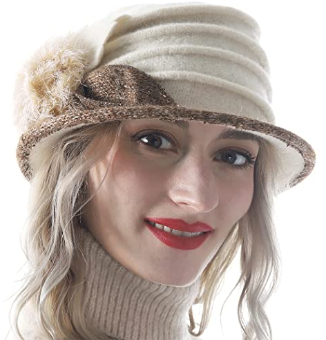 HISSHE Dame Wolle Blumen Eimer Glocke Bowler Mütze Fühlte Kleid Hüte (Creme,M)