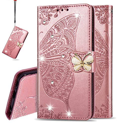 IMEIKONST Kompatibel mit iPhone 14 Plus Hülle, Diamant Ledertasche Kartenfächer Brieftasche Magnetisch Ständer Flip Schutzhülle Handyhülle für iPhone 14 Plus. Kristall Schmetterling Roségold SD