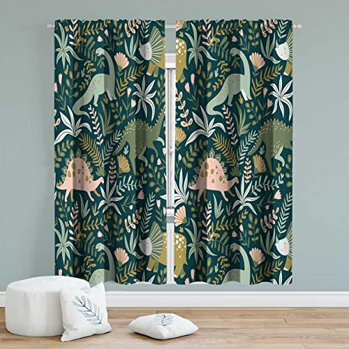Miyotaa Kinder-Dinosaurier-Fenstervorhänge, 2 Paneele, 42 Bx63 H, Stangentasche, niedlicher Dino-Karton, lustig, Tier, Jungen, tropisches Polyester, Behandlung für Schlafzimmer, Wohnzimmer
