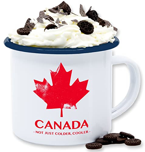 Emaille Tasse Blechtasse - Statement Sprüche - Canada Not just colder cooler - Souvenir Geschenk - 300 ml - Weiß Blau - kanada mit spruch sarkasmus maple becher spruechen kanadier kaffeetasse