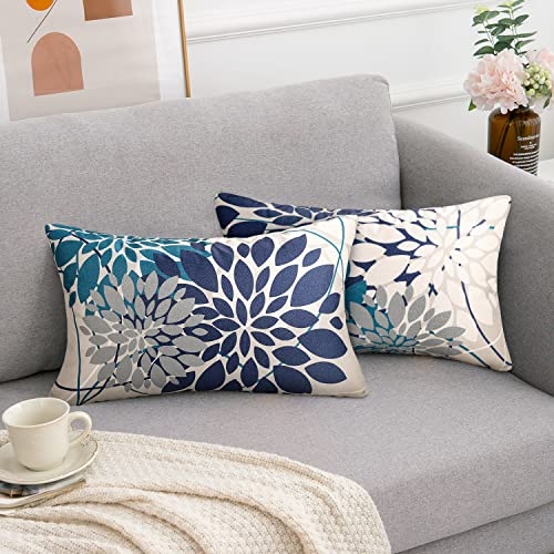 Kissenbezüge 30x50 Outdoor Kissen Sommer Geometrie Blume Dekokissen Elegante Kissenbezug Navy Blau Und Teal Dekoration Sofakissen Modern Deko 2er Kissenhülle Für Schlafzimmer Sofa Bett Garten