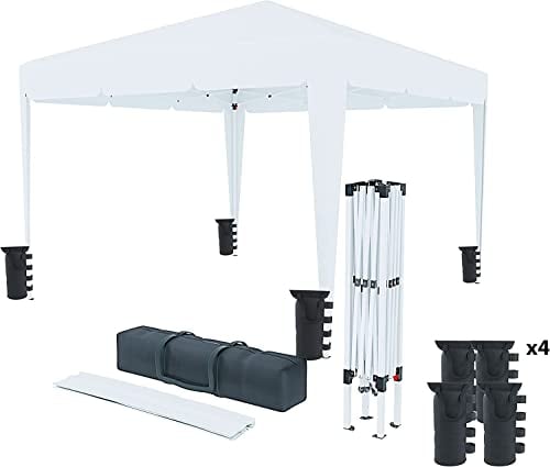 Gazebo 3 x 3 M Pieghevole Idrorepellente Struttura Acciaio Copertura 160 gr/m² Con 4 Sacche Per Pesi E Sacca Di Trasporto Chiusura A Fisarmonica Da Giardino Campeggio Esterno Piscina Fiere (Bianco)