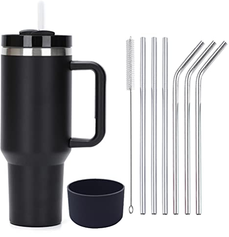 Moollyfox 1200 ml Doppelwandiger Edelstahl Vakuum Isolierbecher mit Griff Upgrade Kaffeetasse Becher 40 oz Reisebecher Autobecher Thermobecher mit Strohhalm aus Edelstahl und Silikonabdeckung Schwarz