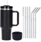 Moollyfox 1200 ML Tasse Isotherme à Double Paroi en Acier Inoxydable avec Poignée Tasse à Café Voyage Voiture avec Paille en Acier Inoxydable et Couvercle en Silicone Noir