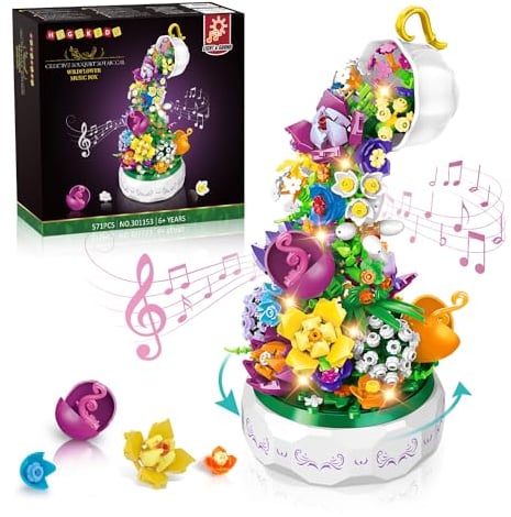 HOGOKIDS Flowers Music Box Building Block Set with Light - Valentines Day Artificial Flowers Botanical Collection Building Blocks Set | Birthday Gift for Girls Boys Couples Adults Kids Ages 8+