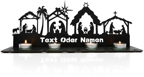 Weihnachten Kerzenständer Teelichthalter 4 Stück,Kerzenhalter Tischdeko Deko,Weihnachtsdekoration Schwibbogen personalisierte Krippe Weihnachten Lichterbogen Schild mit Namen Geschenke Aus MDF Holz