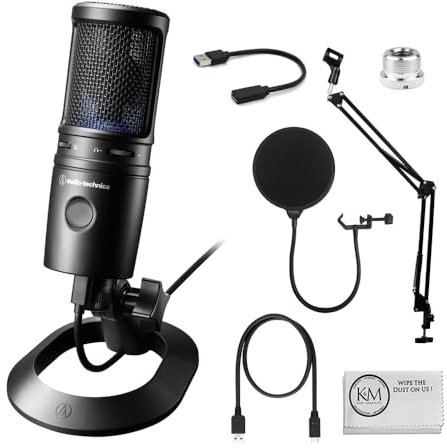 Audio-Technica AT2020USB-X Cardioid Condenser USB Microphone with Microphone Arm + Wind Screen Pop Filter + Cleaning Cloth (4 Items)