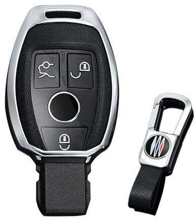 KUNIO Schlüsselhülle Passt für Mercedes A B C E S G R Klasse AMG CLA GLC GLA GLK CLK GLE SLK GLS W204 W211 W164 Schutzhülle Metall Schlüsselcover Schlüsselanhänger B Silber Schwarz