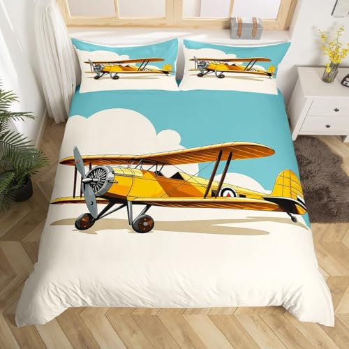 Flugzeug Bettbezug 220x240 für Jungen Mädchen,Retro Flugzeug Tröster Bezug für Kinder Flugzeug Liebhaber,Vintage Hubschrauber Bett Set mit Reißverschluss,Luftfahrt Thema Bettbezug für 2 Kissenbezüge