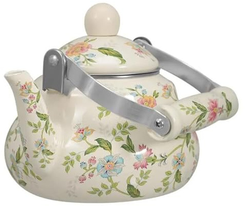 RSBFER Emaille-Teekanne, 1,5 l, emaillierter Porzellankessel, Teekanne für Kochfeld mit Vintage-Blumenmuster und kühlem Griff, pfeiffrei zum Aufbrühen von Tee und Kaffee,A
