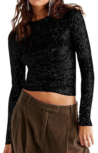 YILEEGOO Women's Long Sleeve Sequin Tops Party Shimmer Embellished Shirt Crew Neck Sparkle Glitter Slim Fit Crop Top Blouse (Black with Black Sequins, M)