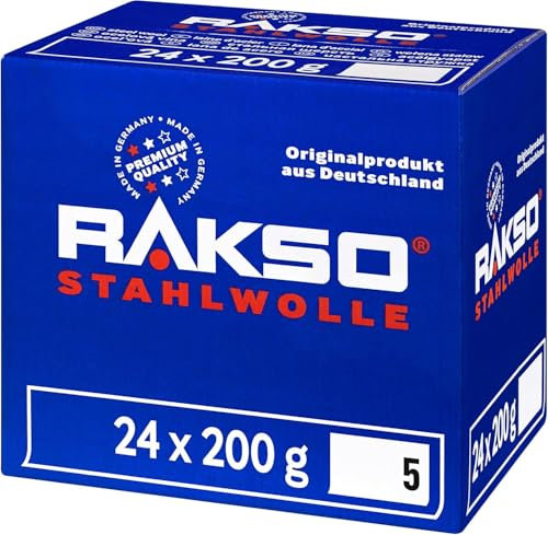 RAKSO Stahlwolle grob 5-4,8 kg, 24 Banderolen à 200g, abtragen Beizschlamm v. Holz, entfernt Farbspritzer auf Glas, Flugrost auf Werkzeugen