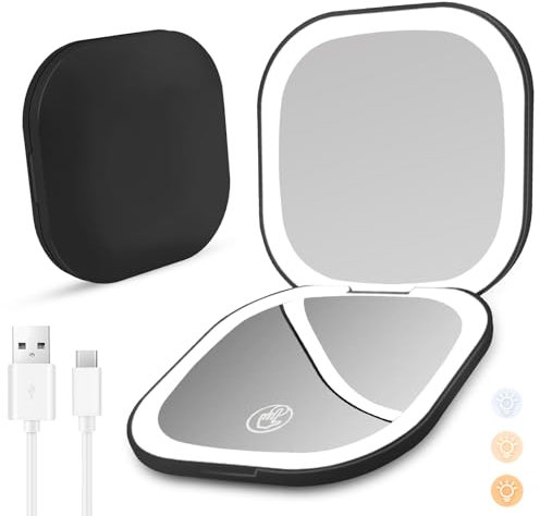 Yomaido Espejo compacto de aumento con luz, espejo de maquillaje de viaje, recargable por USB, 1X/3X con 24 LED regulables, espejo plegable portátil para bolsillo de bolso, regalo para mujeres,