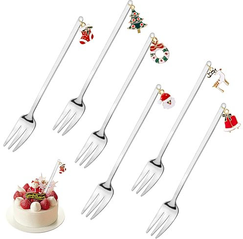 AYMQC Forchette Natalizie Forchette da Dessert in Acciaio Inossidabile con Pendenti di Natale Set di Forchette da Tavola con Scatola Regalo 6 Pezzi (Argento)