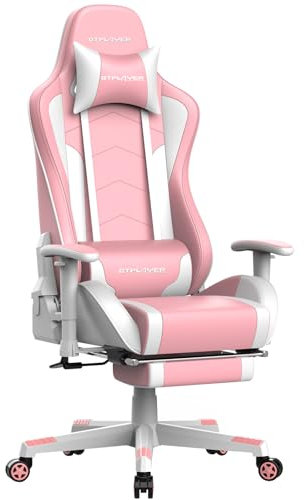 GTPLAYER Sedia da gaming, con poggiapiedi, altoparlante Bluetooth, ergonomica, da ufficio, da scrivania, con schienale regolabile, portata 150 kg, colore: rosa