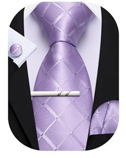 Barry.Wang Gestreifte Krawatte mit Krawattenklammer für Herren, Seidenkrawatte, Einstecktuch, Manschettenknöpfe, Set, formell, Business, Hochzeit, Party, lavendel, Einheitsgröße