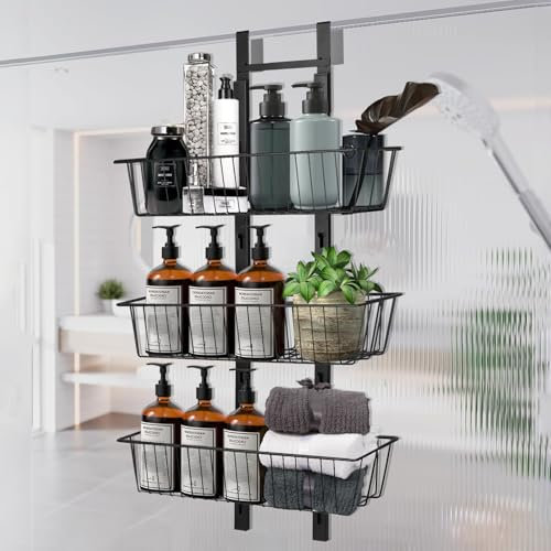 KYYLZ Over The Door Shower Caddy, 3 Tier Adjustable Shower Shelf, Shower Caddy Hanging No Drilling, Bathroom storage with Large Capacity Storage Basket for Shampoo Razor and Soap, Black
