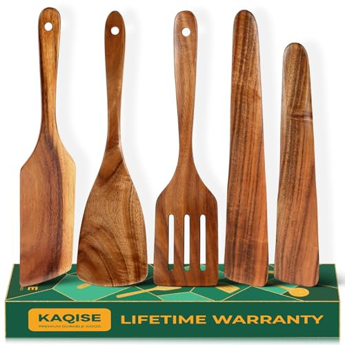 5Pcs Wooden Spatula for Cooking, Teak Wood Spatula of Different Size, Non-stick Wooden Turners for Kitchen Cooking