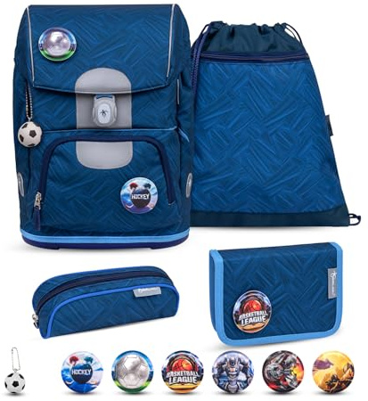 Belmil Motion ergonomisches Schulranzen Set 5-teilig aus recyceltem Material mit Brustgurt, Hüftgurt, Magnetverschluss, Patch Set 6 Stück (405-74/AG/S) (Blue Motion 2025)