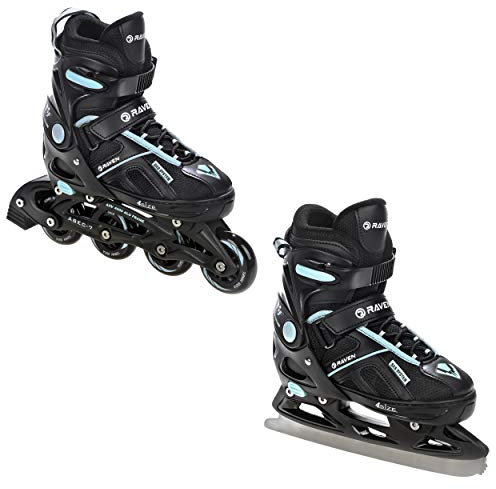 RAVEN Pulse Inline Skates Inliner für Kinder und Erwachsene OPTIONAL 2in1 mit Schlittschuhen verstellbar (Black/Cyan mit Kufen, 33-36 (20-22,5cm))