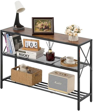 VEVOR Table Console étroite pour canapé, 106 x 29,5 x 73,5 cm, Table d'entrée Longue à 3 Niveaux, Console Meuble avec Cadre en métal, pour Couloir, Salon, Bureau et Chambre à Coucher, Marron et Noir