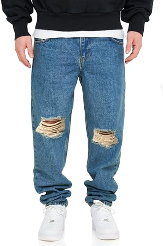behype. Herren Jeans Ripped Tapered-Fit Jeanshose 100% Baumwolle Denim Baggy Hose Used Look Men's
