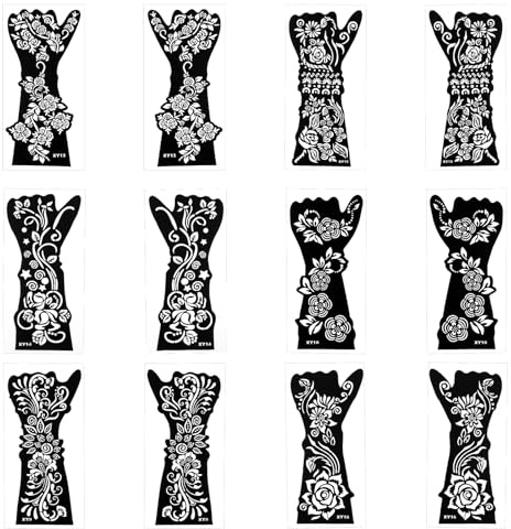 Apausvcm 12Blatt Schablone Set,Indische Temporäre Tattoo-Aufkleber,Wiederverwendbare Tattoo Schablonen,Glitzer Airbrush DIY Tattoo-Vorlage,für Fraue Mädche Hand Unterarm Arm Körperbemalung