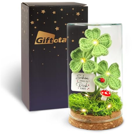 Giftota Geschenke für Frauen Freundin, Gestricktes Vierblättriges Kleeblatt im Glas mit LED Lichterkette, Geburtstagsgeschenk für Frauen, Schön dass es Dich gibt Geschenke
