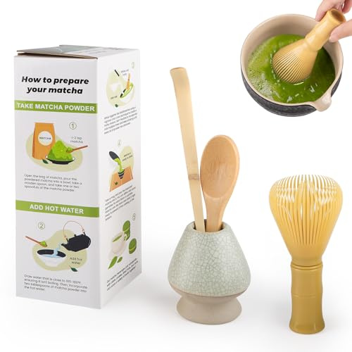 4 Piece Matcha Japanese Ceremony Set, Resin Matcha Whisk, Bamboo Spoon, Bamboo Scoop, Whisk Stand, Perfect Set for Preparing, Yellow - Grayish Green