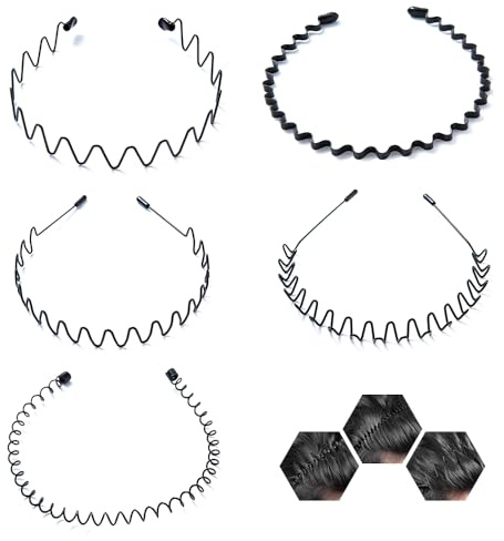HMCEY Lot de 5 Serre Tete Zig Zag Noir,Bandeau Metallique,Serre TêTe Femme Homme,Bandeau Ondulé Cheveux,Bandeaux Unisexes,Accessoire Cheveux Antidérapant pour Fitness,Yoga,Sports de Plein Air