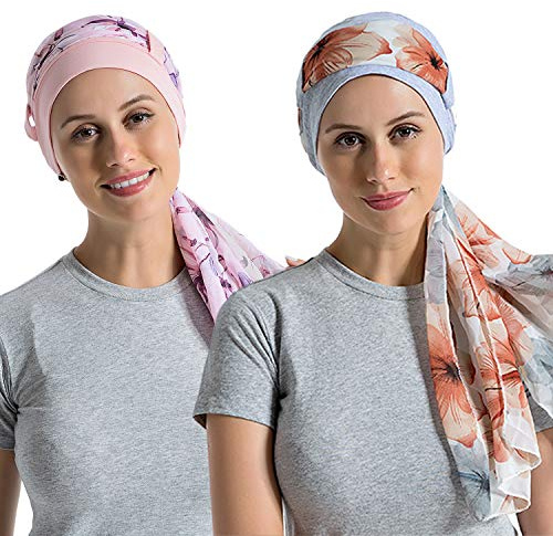 Bambus-Baumwollfutter Chemo-Kopfbedeckung für Frauen mit seidigen Schals für Krebs, Haarausfall, Schlafkappen, Beanie, Hellgrau + Hellrosa, Einheitsgröße