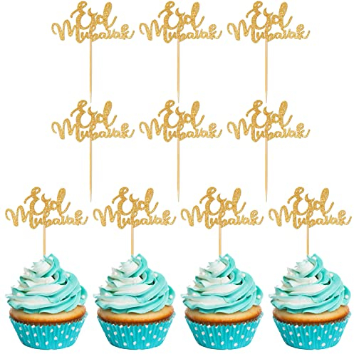 10pcs Eid Mubarak Cake Topper Gold Glitter Muslim Islamic Topper ,eid Mubarak Decorations, Eid Mubarak Cupcake Topper Ramadan Kareem Party Supplies
