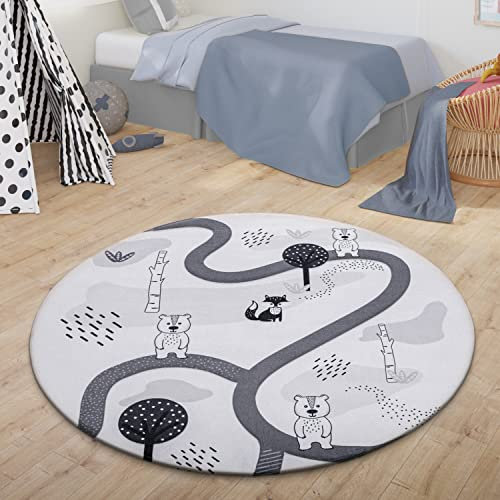 TT Home Teppich Kinder Kinderzimmerteppich Kinderteppich Babymatte Straße Bär Fuchs Baum, Farbe: Grau Weiß, Größe:150 cm Rund