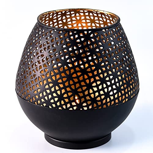 Marrakesch Moderne Teelichthalter 15cm Schwarz & Gold innen aus Metall Deko Windlicht Dagny als Hochzeitsdeko Tischdeko