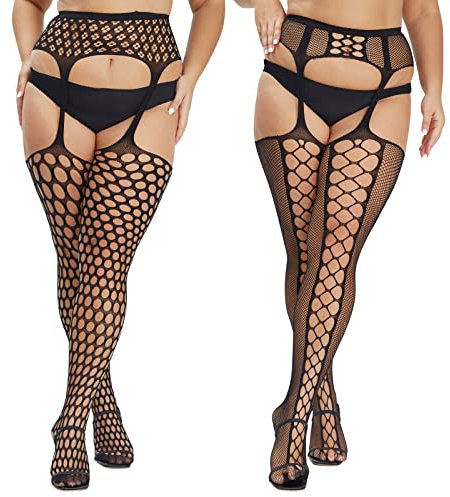 MANZI Medias de tirantes para mujer, talla grande, con patrón de encaje, medias de liga sexy de red hasta el muslo, 2 pares, Malla y redonda, XL-3XL