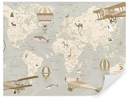 TAPEKO Wallpaper Mural Kids 260x180 cm - (6 Stripes) World Map, Planes, Balloons, Wallpaper for Boys, Girls, Сhild's Room, Non-Woven Wallpaper, Wall Mural u36066
