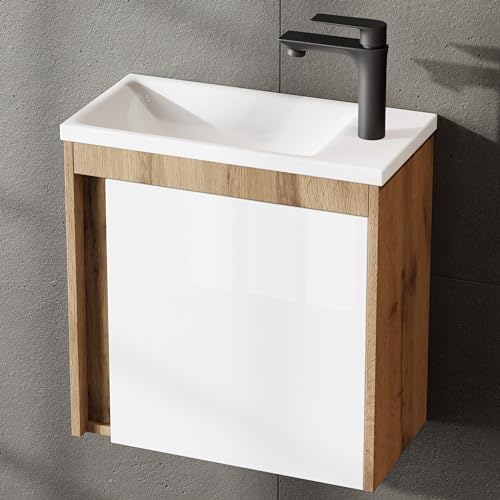 Planetmöbel Badmöbel Set 2-teilig Waschbecken mit Unterschrank 50 x 48,3 x 24,8 cm Wotan Eiche/weiß Hochglanz, Waschbeckenunterschrank mit Einsatz-Waschbecken weiß