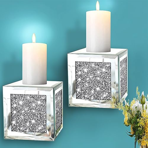 ZOLAPI 2 Stück Crystal Crush Diamond Kerzenleuchter, wunderschöne Silberne verspiegelte Wandleuchter, Kerzenhalter Glas Wanddekorationen für Wohnkultur, Wohnzimmer, Esszimmer, Schwebende Regale