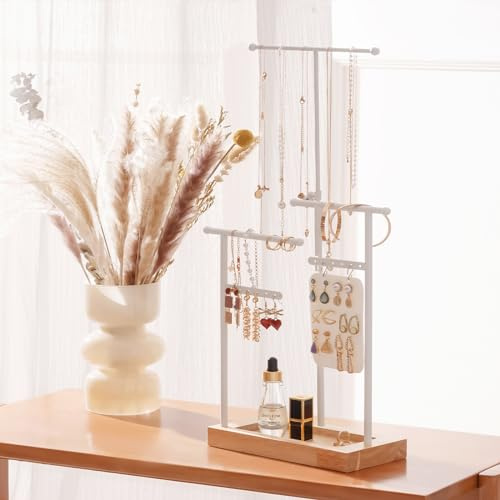 ProCase Halskettenständer Schmuckhalter, 3 Tier höhenverstellbarer Halskettenhalter für extra lange Halsketten, Schmuckständer Ohrringhalter Jewelry Aufbewahrung für Ketten Armbänder Ohrringe -Weiß