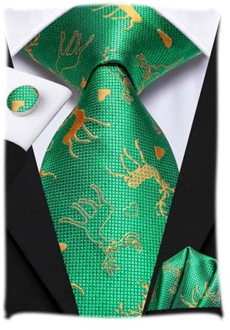 Hi-Tie Herren Weihnachtskrawatte Set Krawatte Einstecktuch Manschettenknöpfe Set Match Rentier Schneeflocke Xmas Baum Muster für Hochzeit Prom,Grüner Gold-Elch